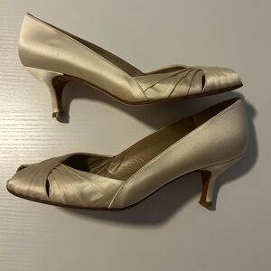 Stuart Weitzman Ivory Satin Peep-Toe Kitten Heels